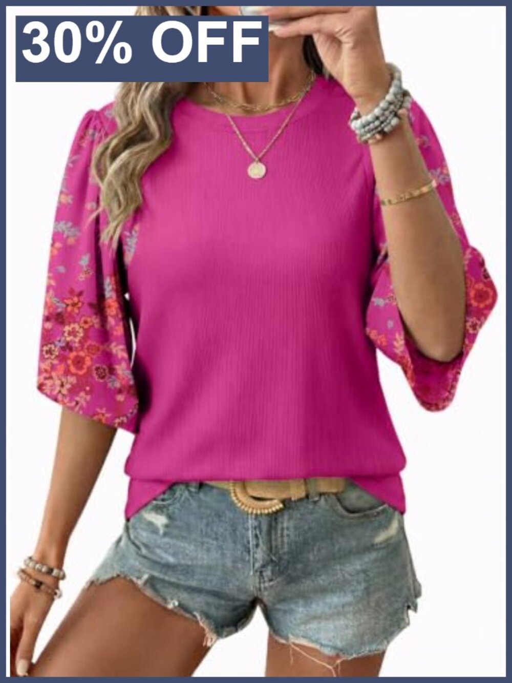 Womens Floral Patchwork 3/4 Bell Sleeve Top Teacher Outfit Business Casual